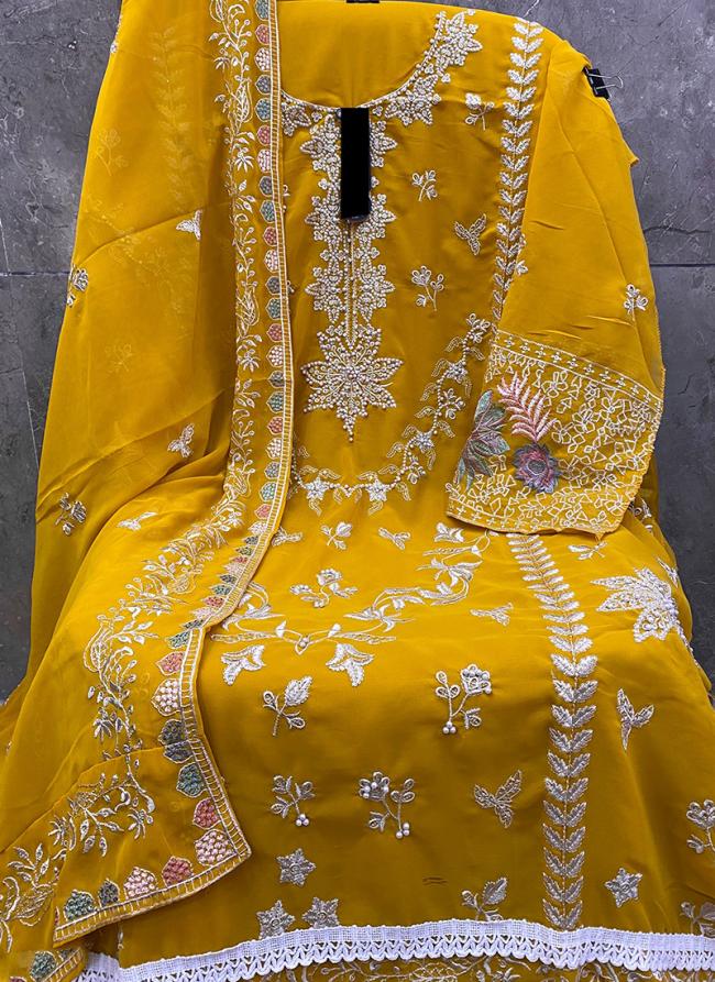 Georgette Yellow Eid Wear Embroidery Work Pakistani Suit